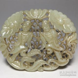 精品旧藏清代老和田玉镂雕【和合二仙】挂件,雕工精湛,玉质细腻,包浆